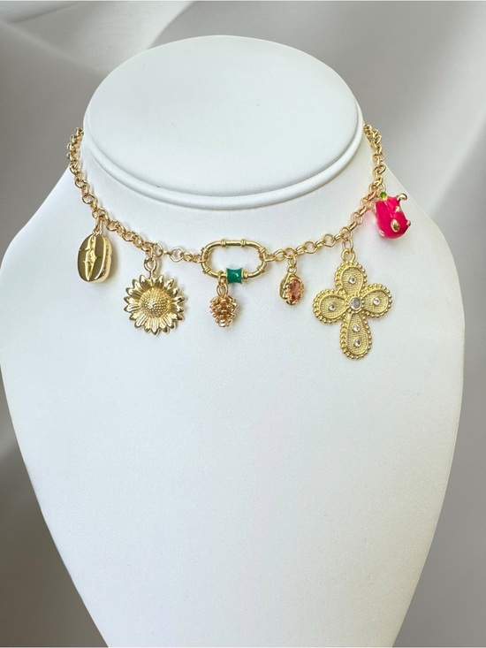 Handmade Jewelry - Gold Charm Necklace with Pink Accent and Green Detail